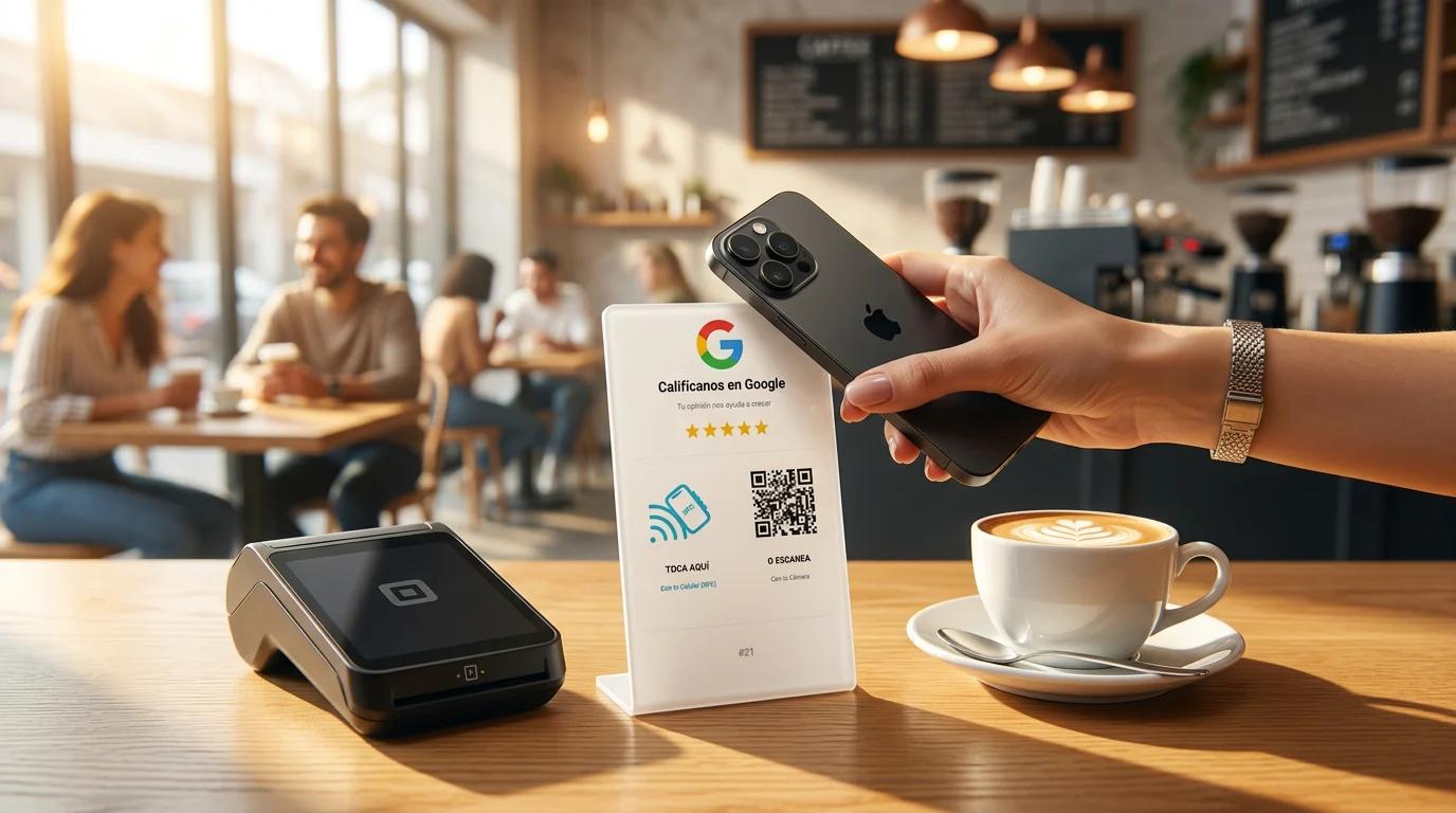 iPhone 15 acercándose al atril blanco ReviewStand con chip NFC en barra de cafetería junto a cafetera y POS