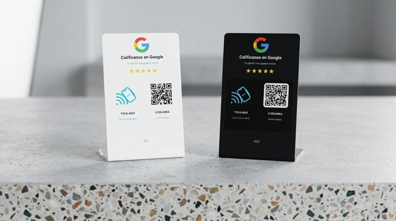 Atriles y stands físicos ReviewStand en acabado blanco glaciar y negro obsidiana sobre mostrador de terrazo
