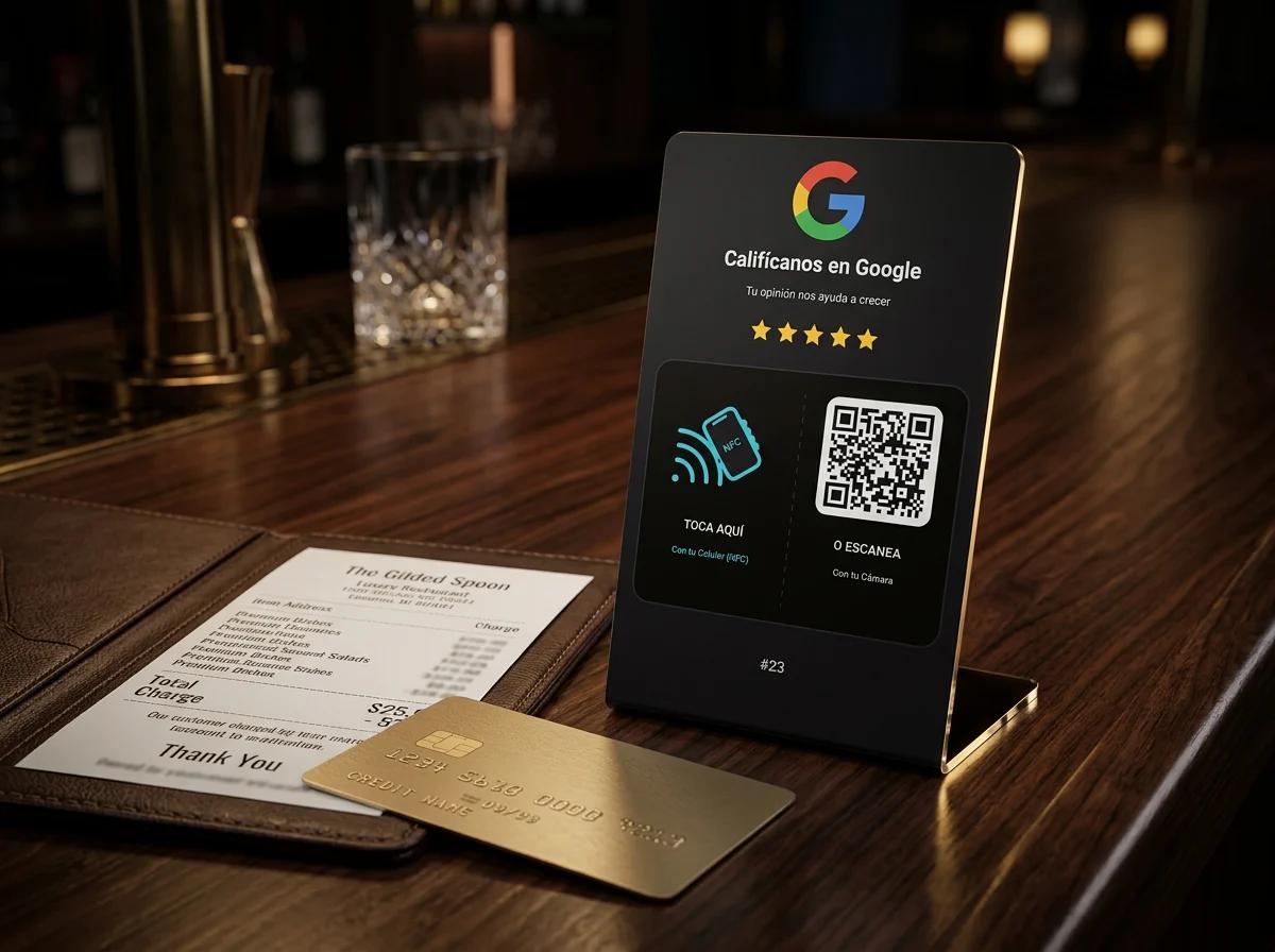 Atril negro ReviewStand junto a la cuenta, boleta y tarjeta de crédito en barra de restaurante